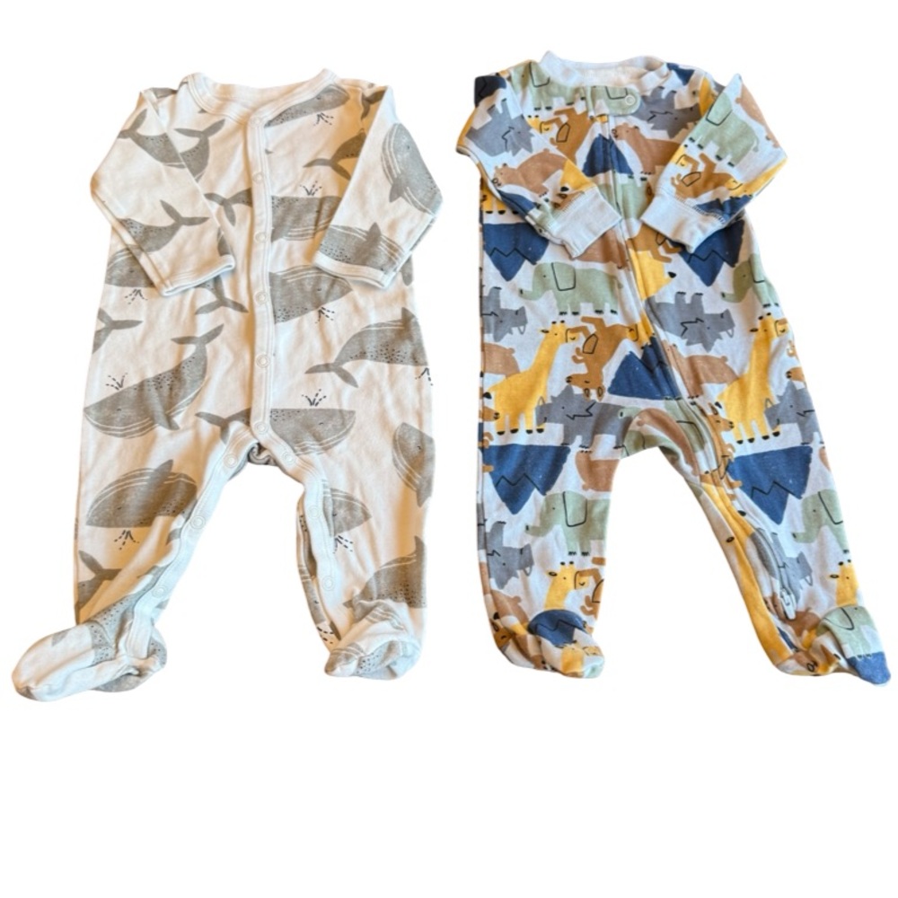 Lot of 2 Carter’s Baby Boy Footed Pajamas – Size 6M – Whale & Safari Animals